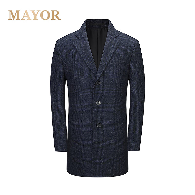 MAYOR男装 冬季Loro piana面料藏青色暗格纹西服领大衣 深蓝 M (170/92A)