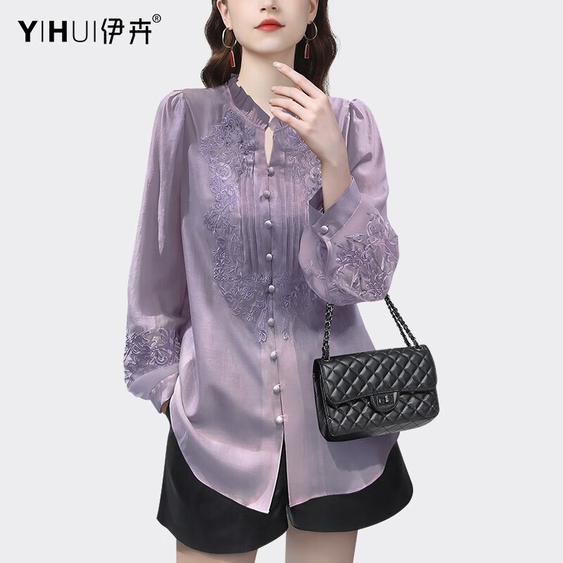 伊卉（YIHUI）欧货绣花缎面衬衫女宽松显瘦气质灯笼袖上衣设计感洋气减龄衬衣春 浅紫色 3XL