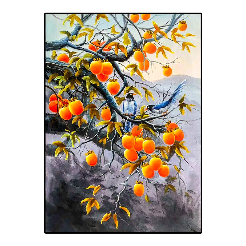 彩象柿子纯手绘油画玄关客厅餐厅装饰画事事柿柿如意挂画喜上枝头壁画
