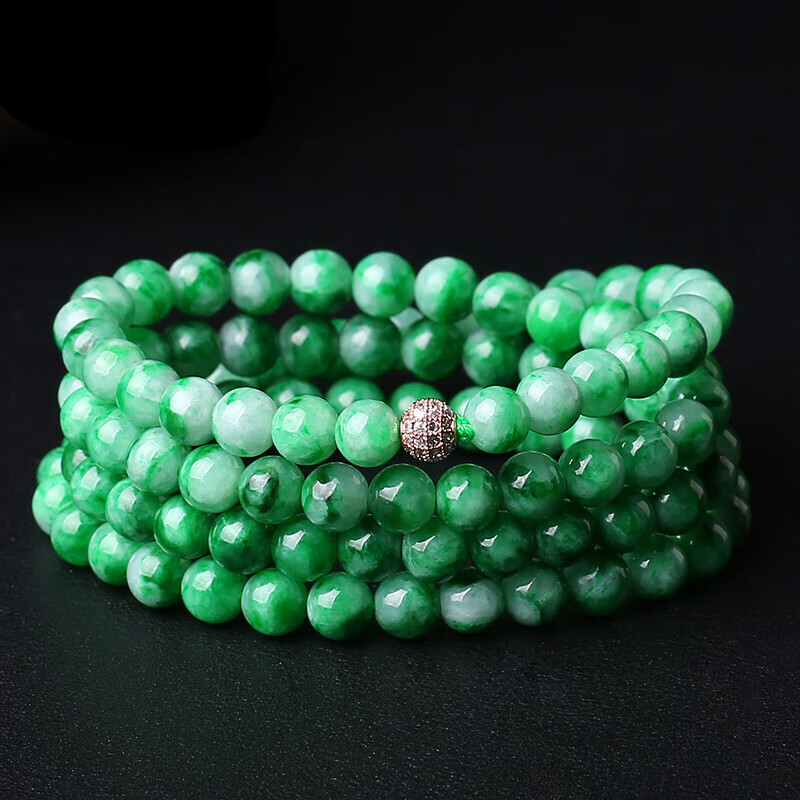 皇本老坑冰糯种翡翠项链女款 花青种玉石圆珠链 a货玉珠串珠链