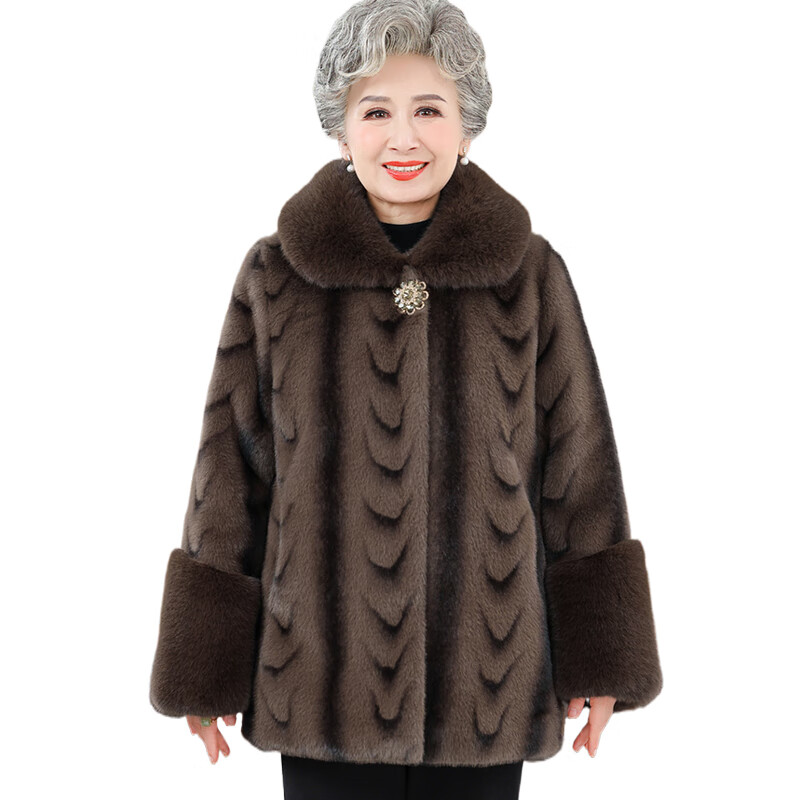 漫花格老年冬装女加绒加厚外套妈妈加绒仿皮草奶奶装冬季仿貂绒套装 咖啡色上衣+加绒裤 XL 建议85-105斤