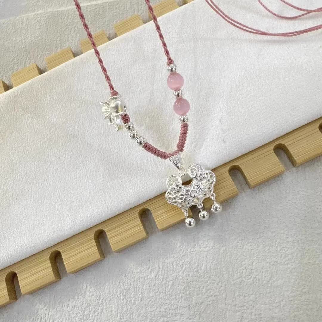 冰菲粉色足银999纯银镂空平安锁宝宝长命锁项链儿童吊坠编绳毛衣链女