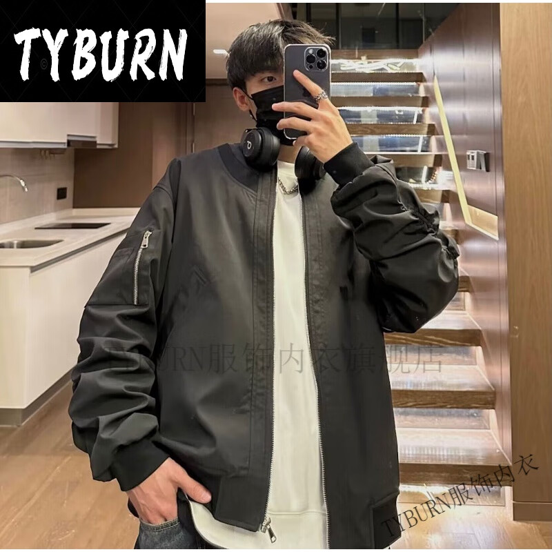 tyburngreat穿搭美式街头复古飞行员夹克男女棒球服外套jk-008 黑色 m
