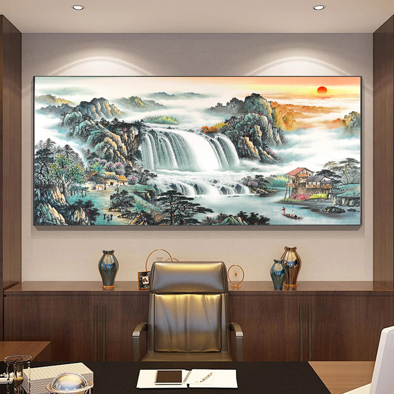 山头林村西墙挂什么画好客厅流水生财风景山水背景墙办公室旭日东升