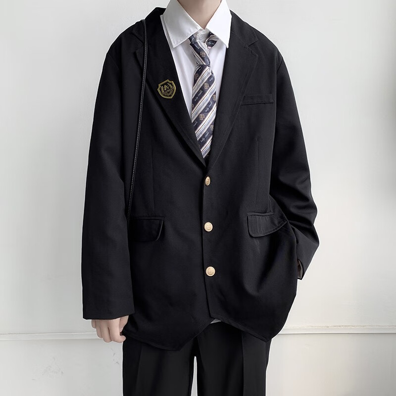 套装休闲外套生正装一套dk制服上衣宽松jk西服春秋季潮 黑色西服 徽章