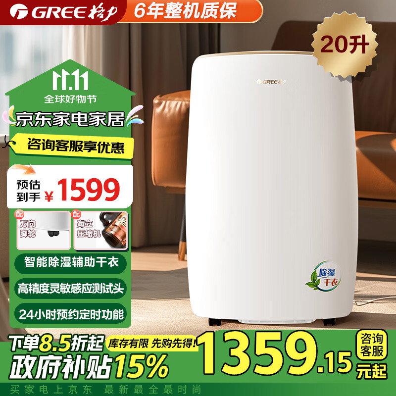 格力（GREE）抽湿机/除湿机 除湿量20升/天 家用轻音卧室办公室地下室干衣除湿器 智能数控(DH20EH)
