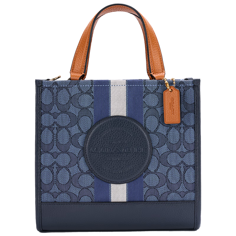 PLUS会员、需凑单：COACH 蔻驰 女士经典条纹贴饰DEMPSEY 22号手提托特包 IM/丹宁蓝色/榛子色 赠PLUS年卡