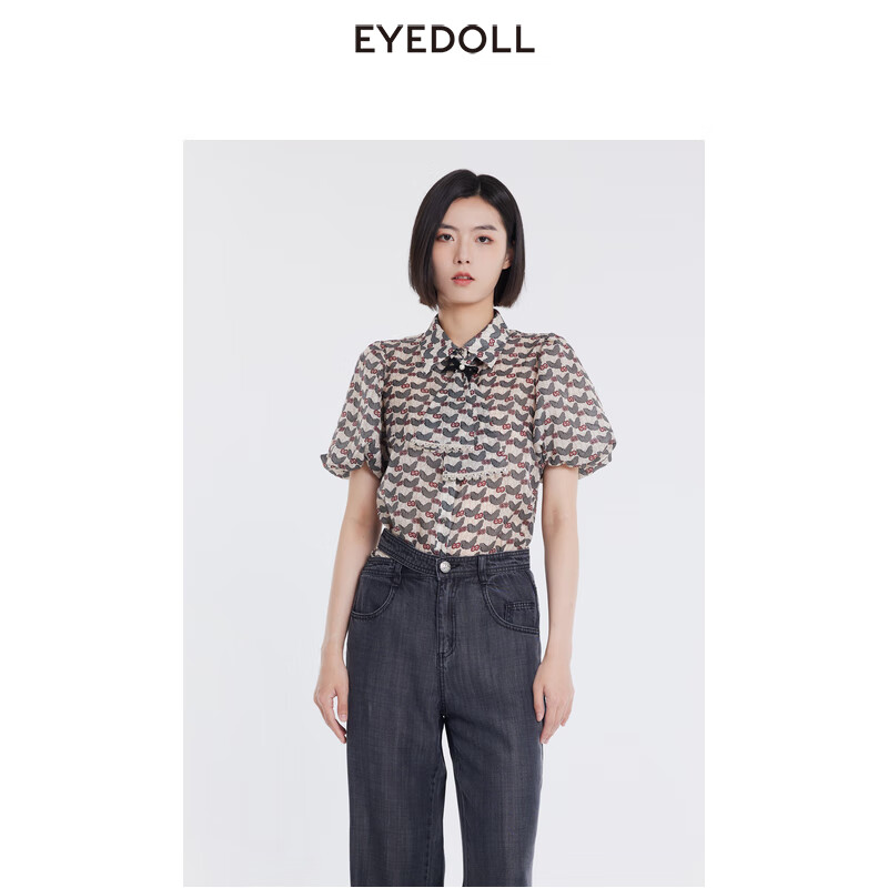 EYEDOLL【商场同款】24夏季新款设计感减龄洋气甜美印花短袖衬衫 米色 L