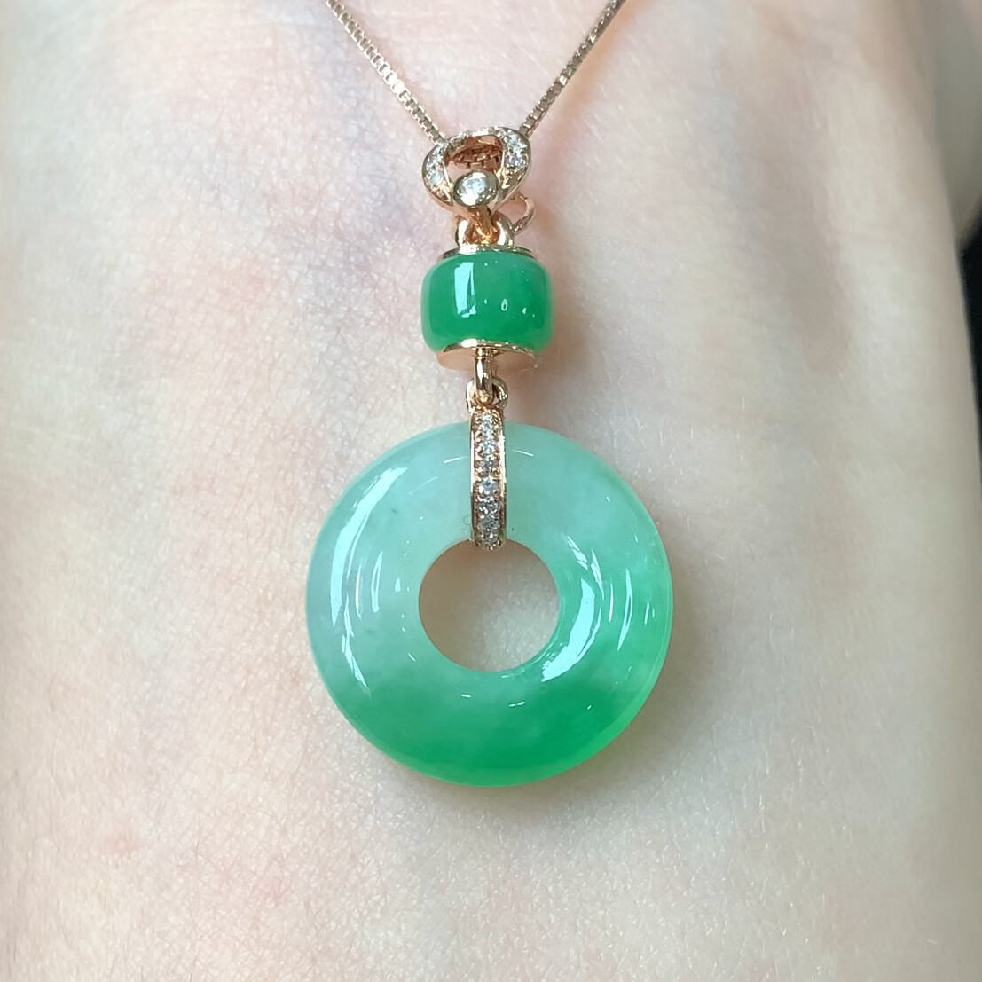 暗杠天然翡翠a货冰种挂件平安扣玉吊坠女翡翠18k金镶嵌小吊坠甜甜圈