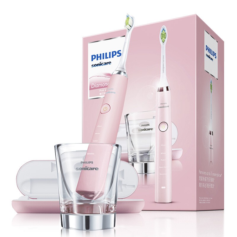 飞利浦(PHILIPS) 电动牙刷 钻石系列(自带刷头*2+充电旅行盒+充电玻璃杯) 粉钻HX9362/67