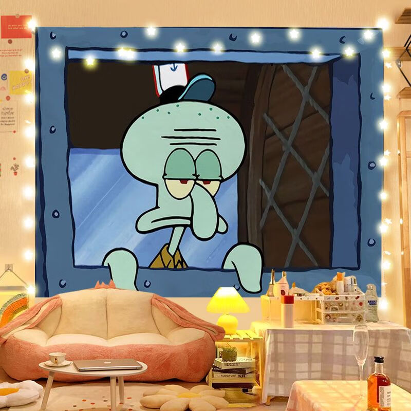 布海绵宝宝可爱卡通背景布宿舍床头卧室墙面装饰创意挂毯 章鱼哥无奈