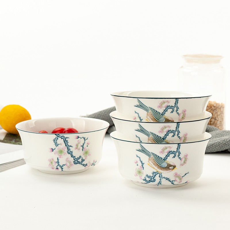 金嵐玉唐山骨瓷6英寸面碗4個(gè)套裝中號(hào)釉上彩面湯碗可微波面湯碗 青雀之喜-6英寸富貴碗4個(gè)