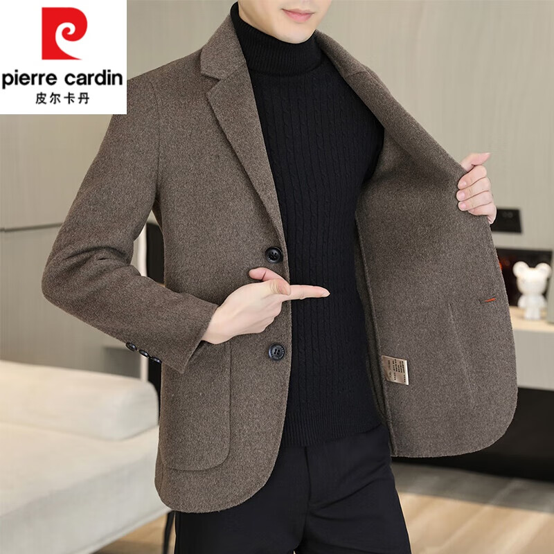 皮爾卡丹（pierre cardin）羊毛呢子大衣男春秋季風衣高端羊絨西裝男士潮流短款雙面呢外套男 FY880211咖色 (雙面呢羊絨) XL (125-140斤)