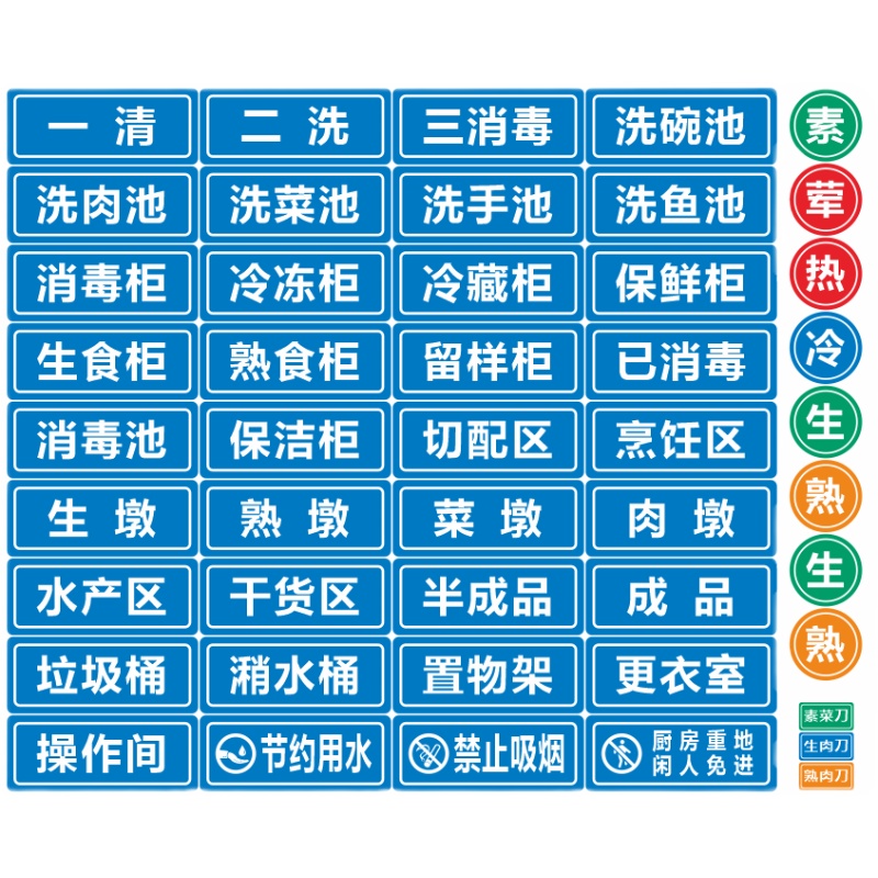 4d厨房管理一清二洗三消毒贴纸标识牌餐饮酒店幼儿园食堂标识贴 蓝底