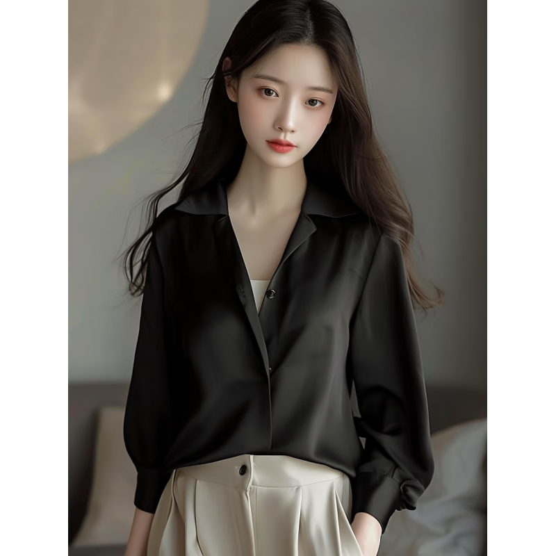 liscn缎面长袖衬衫女款春季新款职业通勤正装纯色打底丝质醋酸外穿