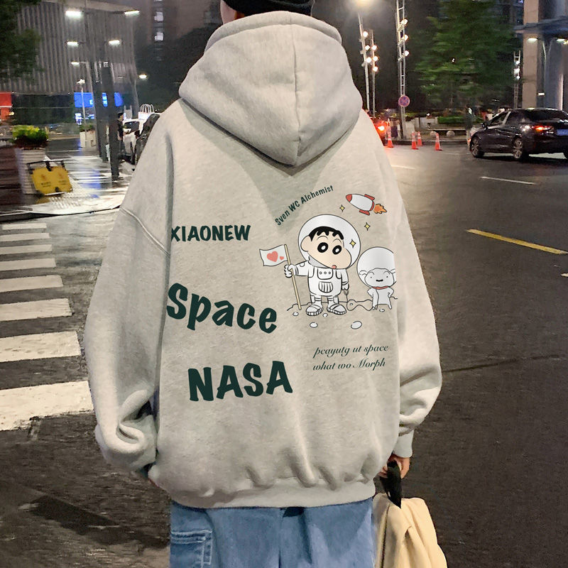 奢号加绒加厚卫衣男连帽宽松春款小众设计感NASA宇航员外套上衣 灰色加绒款 L 建议体重（100-120斤）