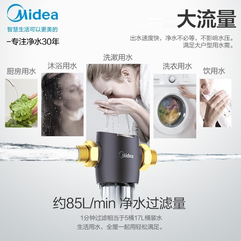 【全国免费上门安装】美的（Midea）前置过滤器反冲洗家用免换芯自来水全屋净水器中央管道过滤净水设备 QZBW20S-45