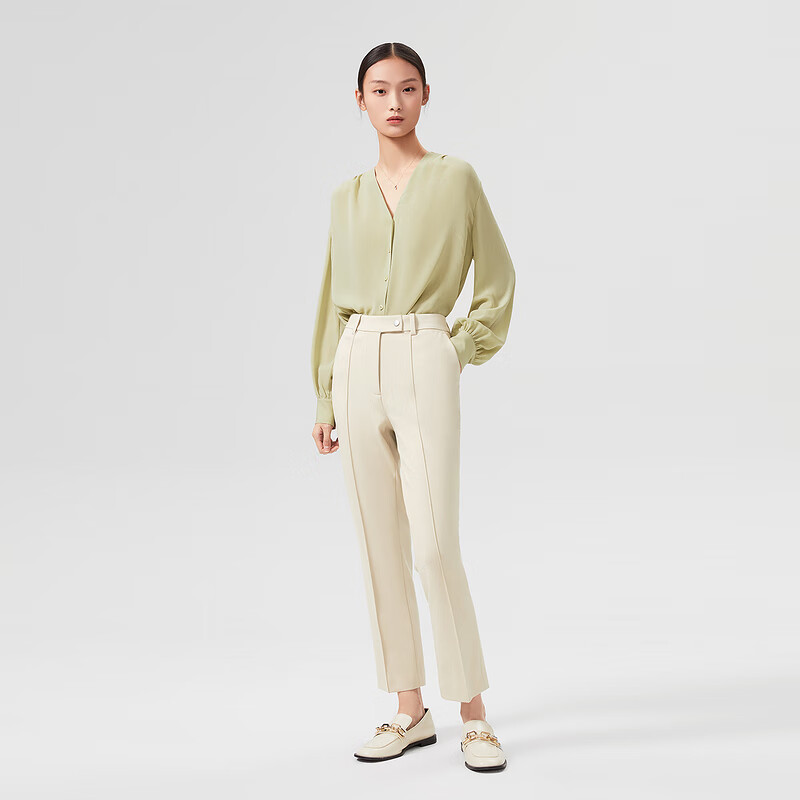OVV2022春夏新款女装罗马布高弹舒适简约通勤休闲经典烟管裤 燕麦20 M