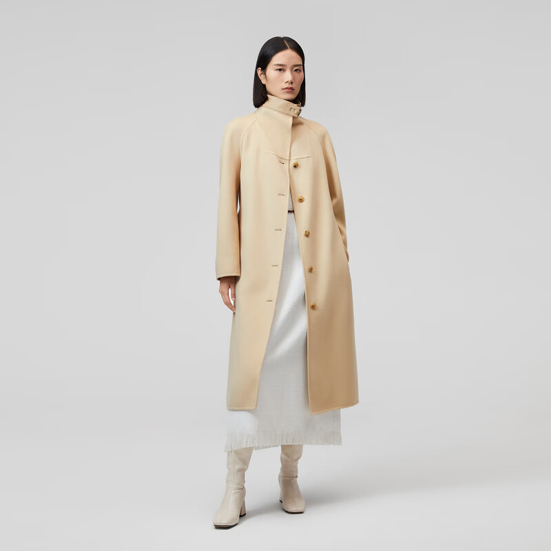 OVV秋冬热卖女装领口拼小羊皮设计配腰带单排扣长款大衣 燕麦(净色)C2 M