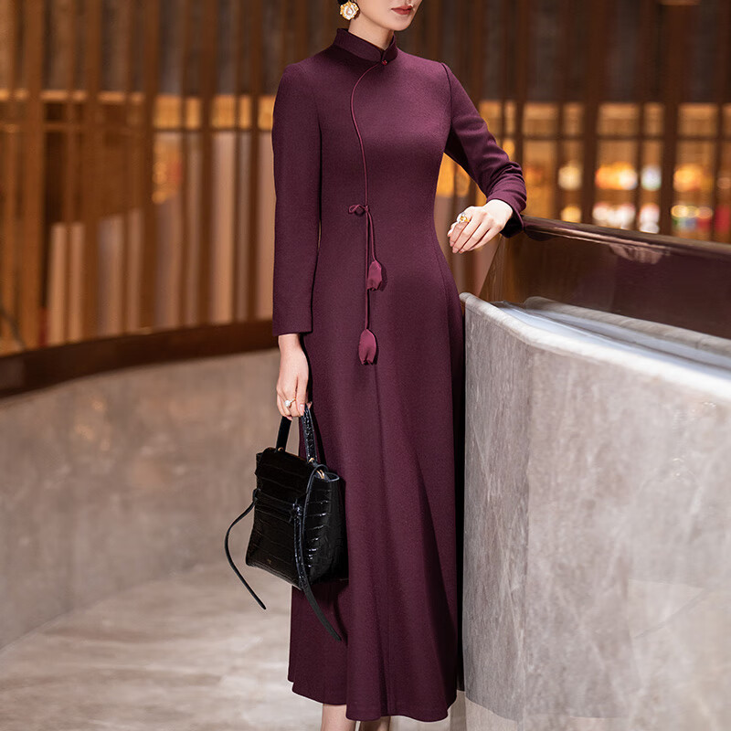 首尚格释2025冬季新款新中式国风花苞连衣裙女收腰显瘦改良旗袍裙 酒红色 2XL