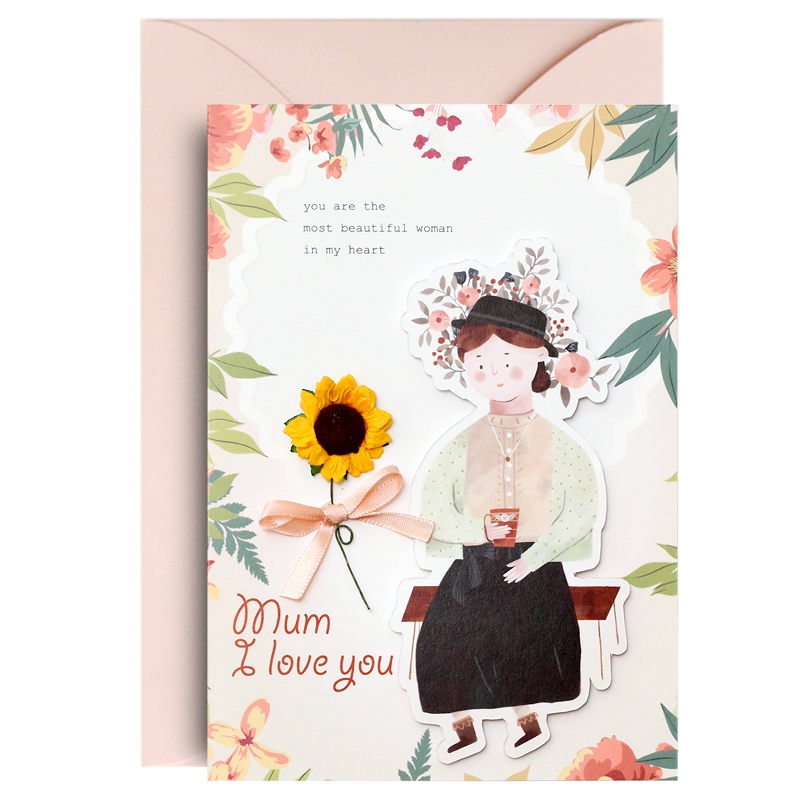 艾晴手贺送妈妈手绘插画卡通贺卡创意手工定制新年母亲节生日礼物高级