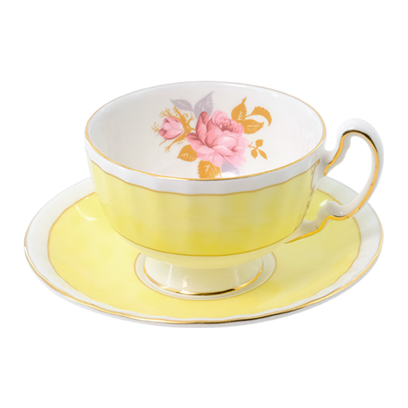 AYNSLEY英國安斯麗色釉粉玫瑰系列咖啡杯碟甜品盤骨瓷下午茶具歐式伴手禮 色釉奧本1杯1碟-黃色 粉玫瑰系列