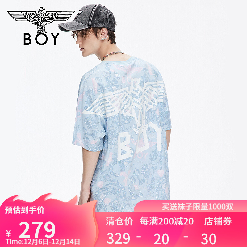 boylondon旗舰2021秋冬新款纸醉金迷满印潮短袖t恤男t恤女202006 蓝色 L 尺码偏大，请参考尺码表