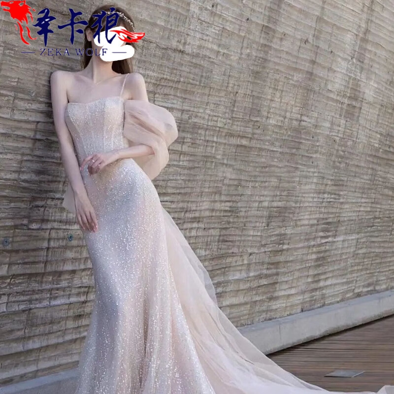 白色晚礼服女2023新款夏季显瘦气质生日年会主持订婚婚纱敬酒服女