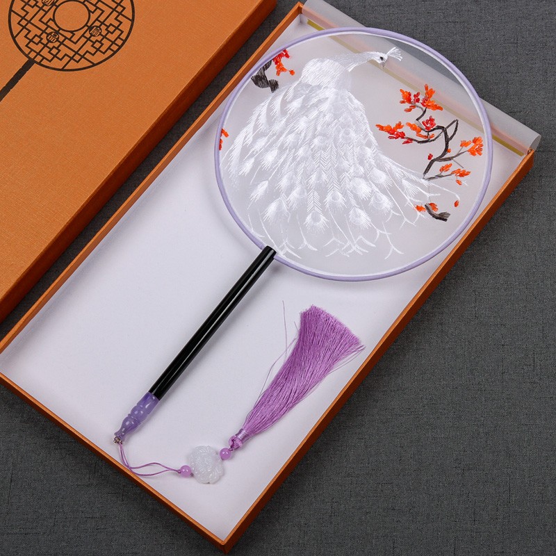 古风刺绣团扇子女双面手工绣花圆扇中式古典汉服长柄流苏宫扇跳舞蹈扇