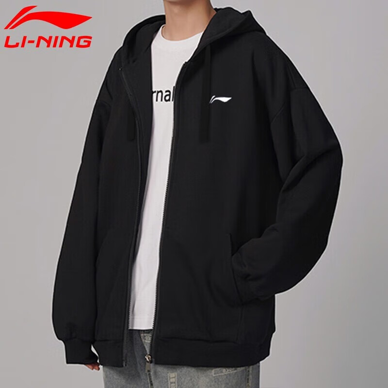 李宁（LI-NING）外套男女同款连帽卫衣春秋季新款情侣款上衣休闲针织开衫运动外套 标准黑(连帽-常规款） L