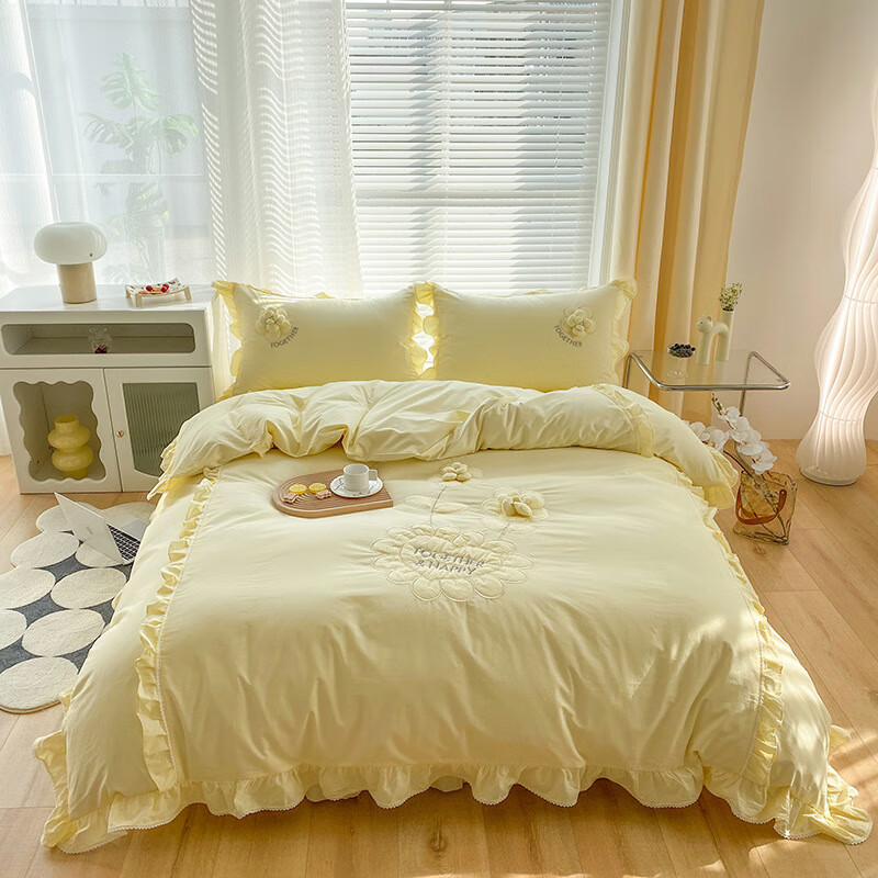 新款水洗棉提花贴布绣四件套纯色荷叶边公主风床上套件 象牙黄 加大