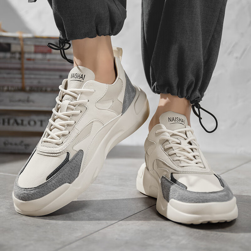 轻奢男鞋秋冬季新款软底运动板鞋男加绒棉鞋男百搭增高休闲鞋子男 米灰色 40