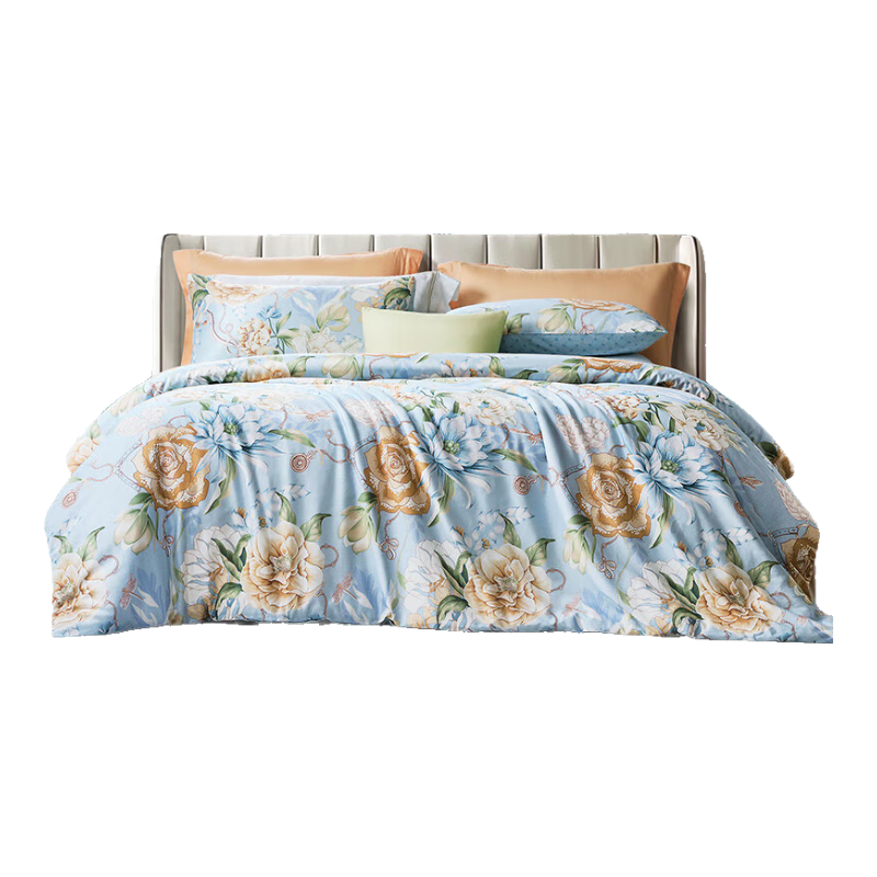 富安娜（FUANNA）家纺 圣之花 床上四件套纯棉斜纹全棉套件单双人床单被罩 (圣之花)蓝海音 1.5米床 床单款 （被套203*229cm）