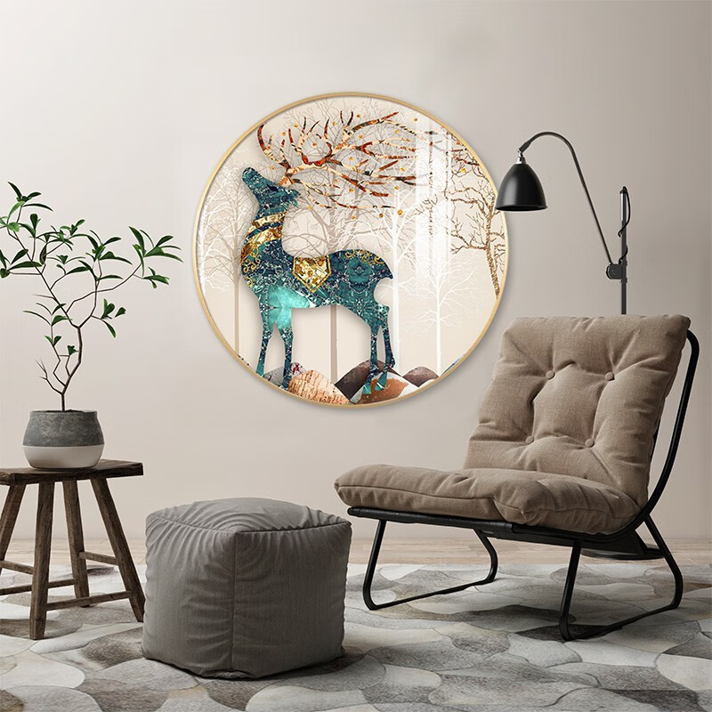子木雅居圆形玄关装饰画进门走廊过道挂画正对门客厅沙发背景墙新款鹿