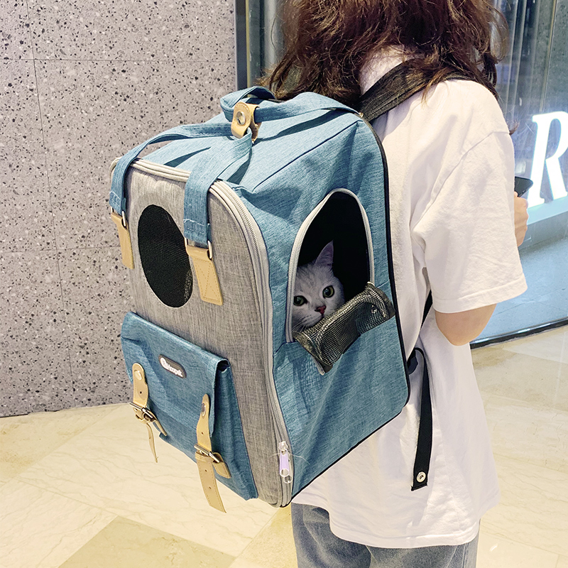 凡可奇 猫包宠物便携双肩包超大猫咪泰迪外出宠物背包 透气帆布太空舱蓝色 
