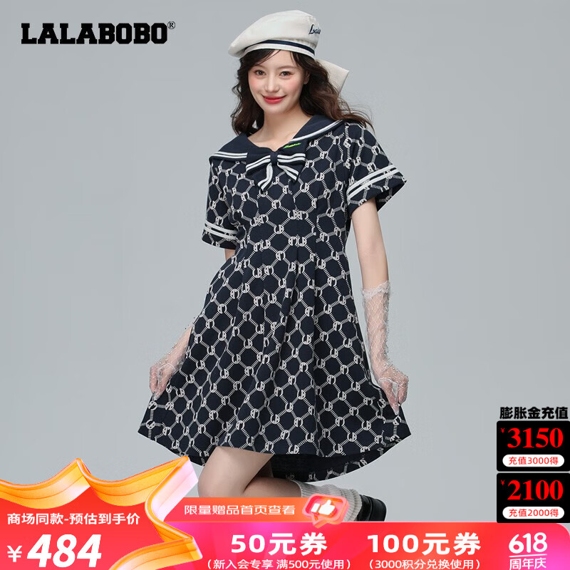 拉拉波波年夏新款海军领蝴蝶结格子时尚减龄显瘦连衣裙女LBCA-WLZY16 蓝色 M
