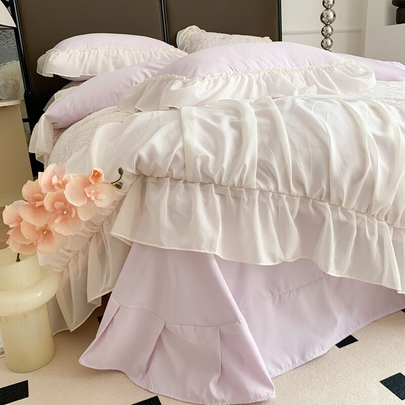 水星系列家纺轻奢100支高端镂空少女床裙款四件套公主风蕾丝花边亲肤被套床单 赫琳娜紫-蕾丝花边不掉色 2.0m床单四件套（被套2.2*2.4）