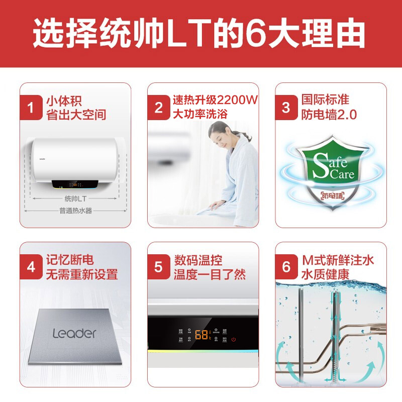 统帅（Leader）海尔出品热水器电热50/60升家用储水式速热 小体积出租房小型恒温淋浴洗澡器LT 80升【3-4人】