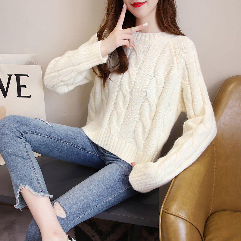 tzbt短款毛衣女秋冬新款针织打底衫洋气上衣高腰小个子套头百搭潮 米