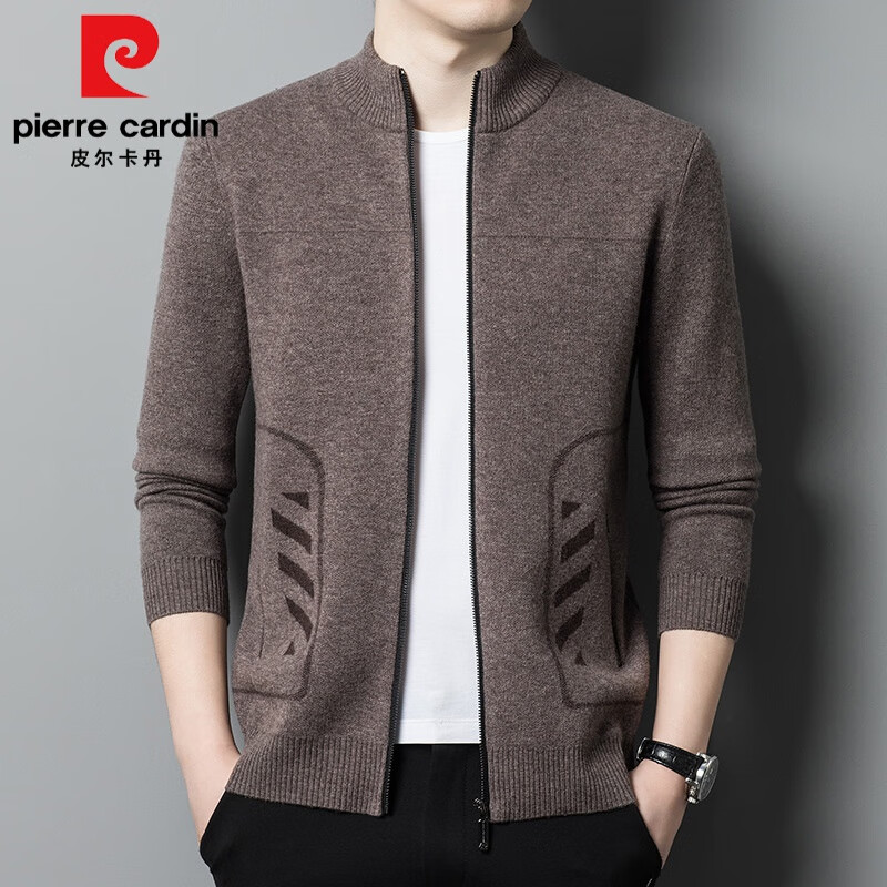 皮尔卡丹羊毛衫针织开衫男士秋冬季新款中青年百搭休闲高端毛衣外套羊毛衫 咖色 175