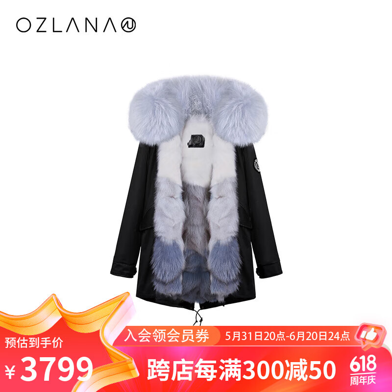 ozlana OZLANA2022新款冬皮草派克服年轻款狐狸毛外套女内胆可拆卸 AU222010黑色+海盐冰淇淋狐狸毛  M