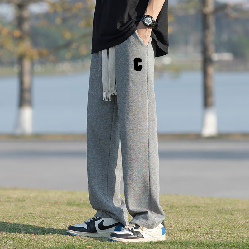 薄款宽松高个子190大长腿115男青少年学生休闲运 特长版灰色直筒字母c