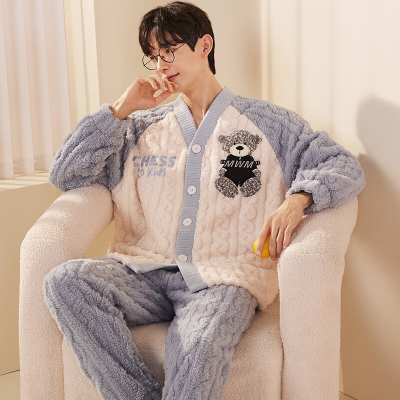 星漫法兰绒男士睡衣冬季v领韩版卡通可爱加绒加厚保暖青年学生睡衣男