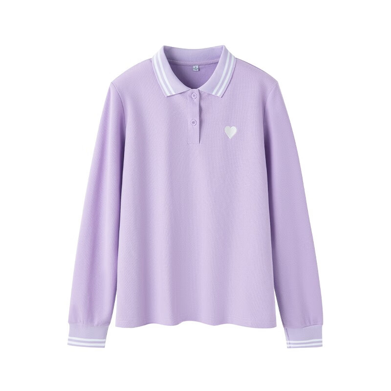 刺绣长袖polo衫女2024春夏新款宽松休闲条纹翻领纯色t恤上衣 紫罗兰 s