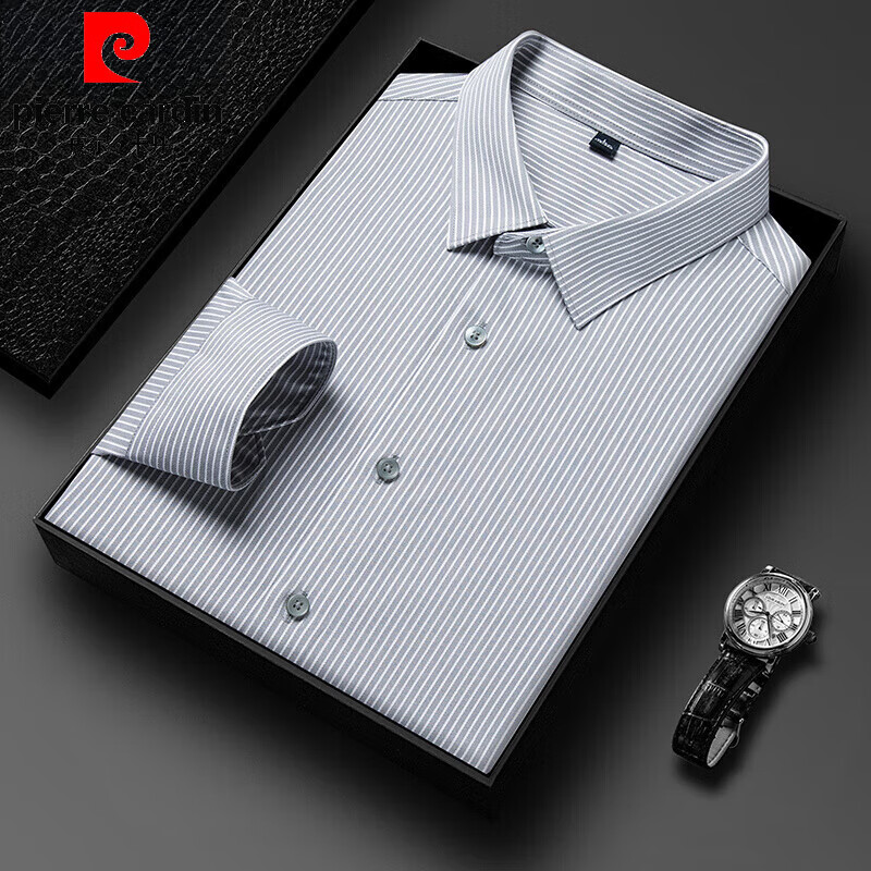 衬衫男休闲条纹中青年男士装商务时尚衬衣潮 灰条-官方品牌男装高端