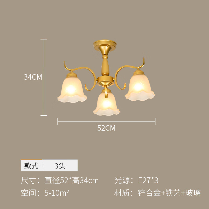 仁聚益美式客厅吊灯轻著仿古铜灯欧式灯具现代简约创意卧室灯餐厅灯饰 仿铜金色3头吸顶