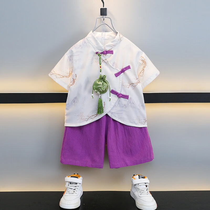 夏季唐装套装宝宝汉服两件套周岁礼服小儿童国风表演服新中式 紫色