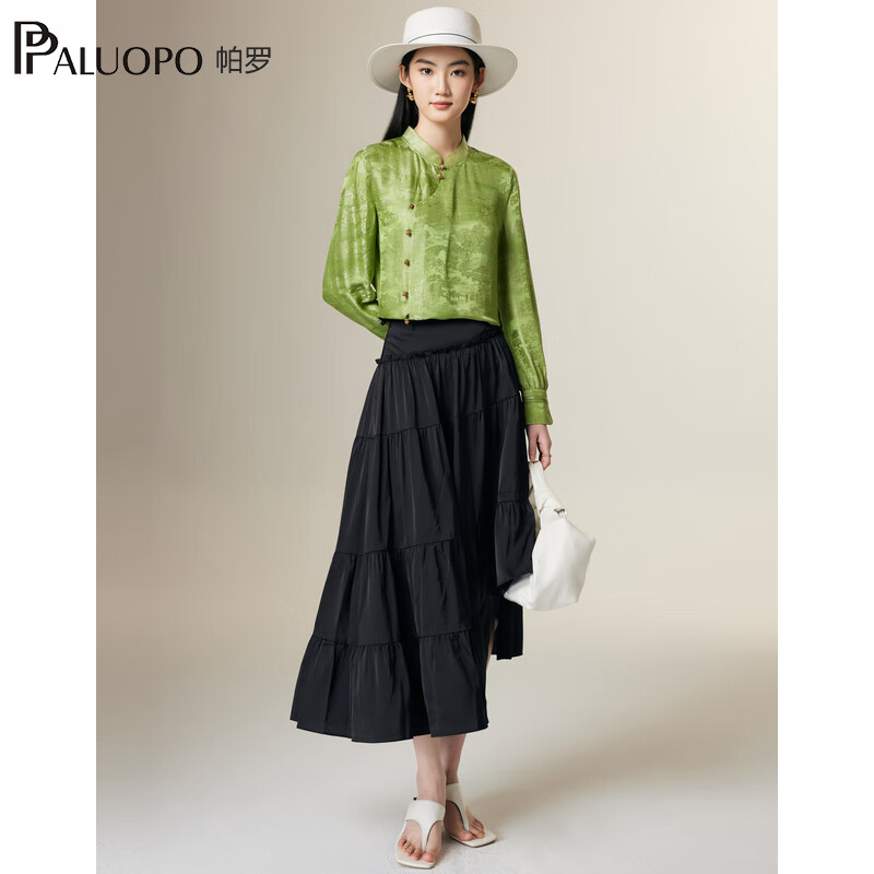 帕罗（PALUOPO）新中式国潮长袖衬衫女真丝立领盘扣水滴袖口提花国风新款衬衣 绿 XL (170/92A)