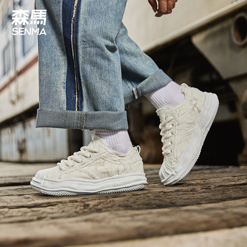 森馬情侣鞋男女同款运动帆布鞋厚底溶解鞋新款低帮贝壳头小白鞋女 米色 40