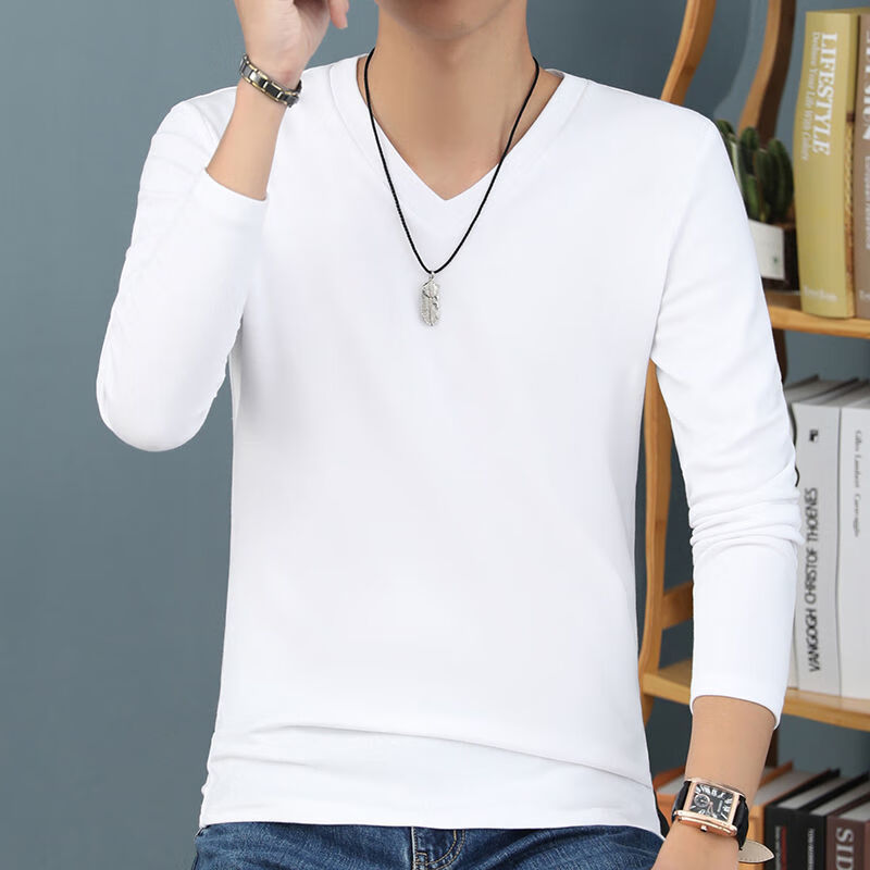 恪信 男士秋冬季加肥加大码鸡心领t恤v领长袖t恤男士秋冬款纯色百搭内